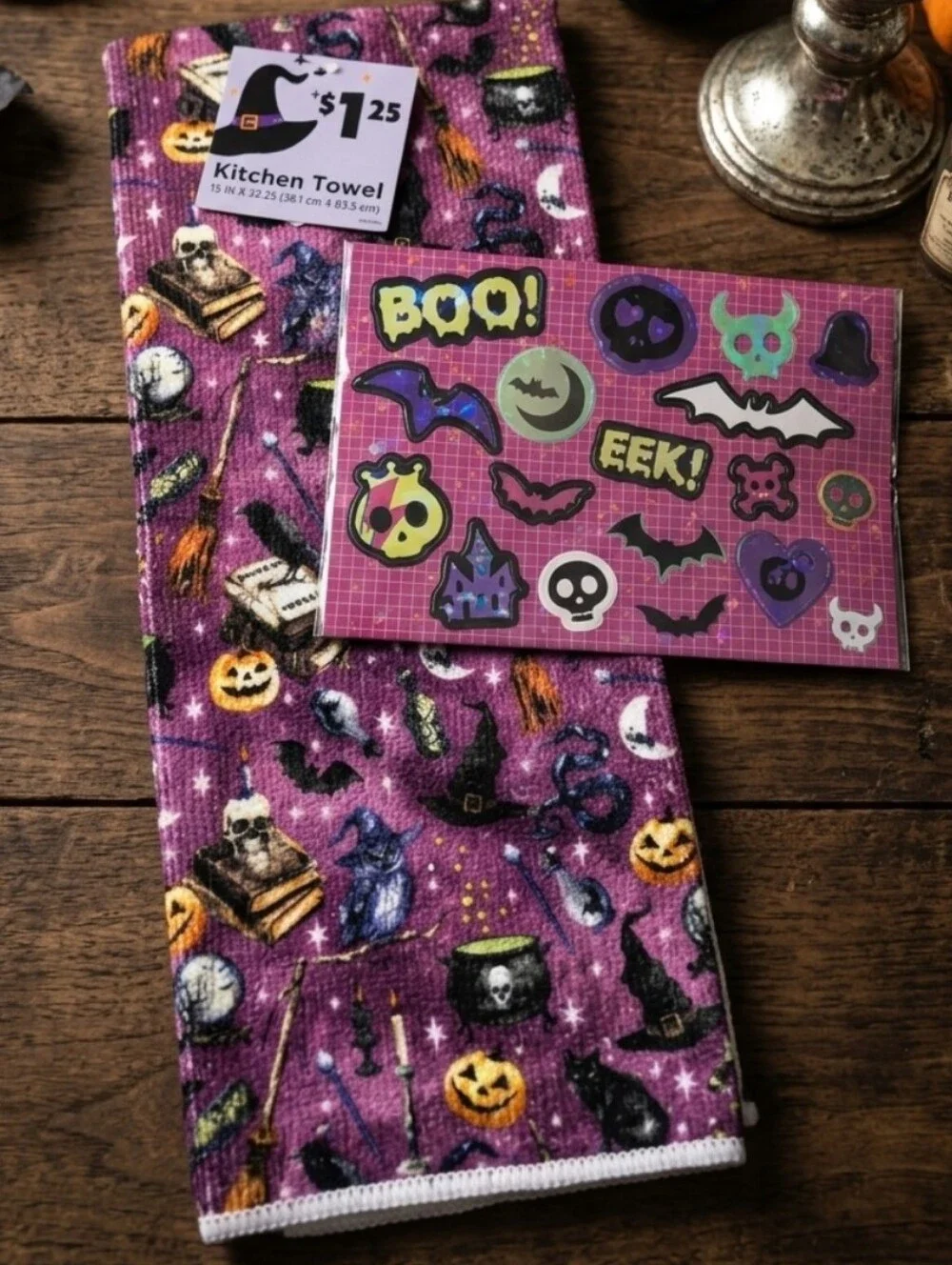 NWT Halloween Spooky Bundle - 4-Wick Skeleton Candle, Towel, Clips & Stickers